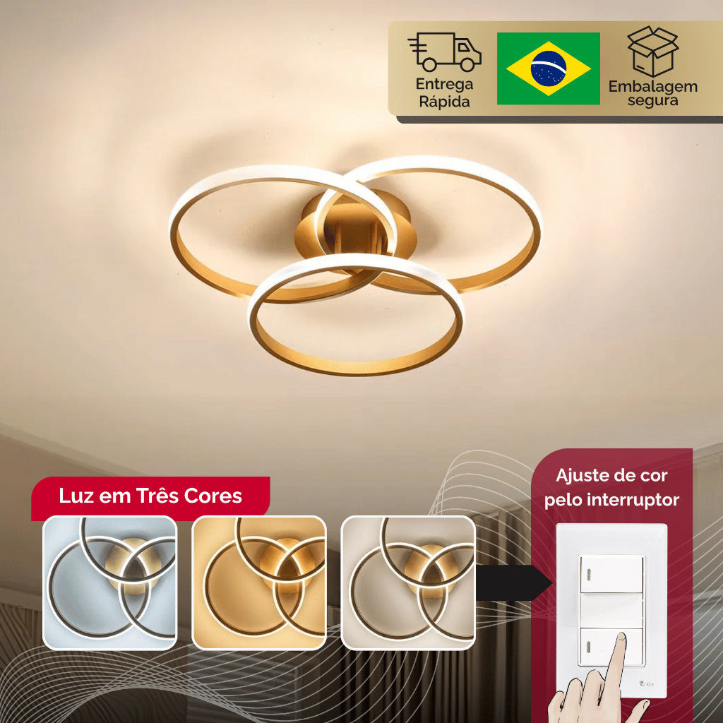 Lustre 3 Anéis Dourado 60w Luminária LED Design Moderno Led 3 Cores Bivolt Luz Branco Neutro Quente