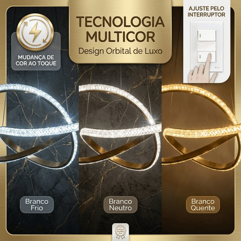 Lustre Pendente Dourado Led Moderno 60w Ondas Luz 3 Em 1 Sala Jantar Mesa Quarto Bivolt