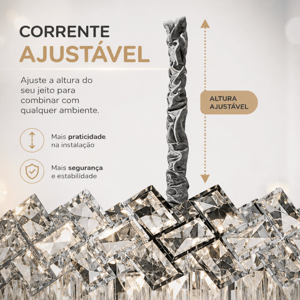 Lustre Cristal K9 Premium Redondo Pendente Sala de Jantar Luxo Prata E14 Bivolt Corrente Ajustável