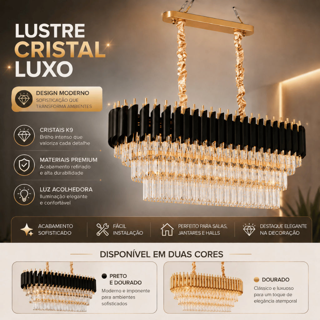 Lustre Pendente Retangular Cristal K9 Preto e Dourado E14 Bivolt Corrente Ajustável Luxo
