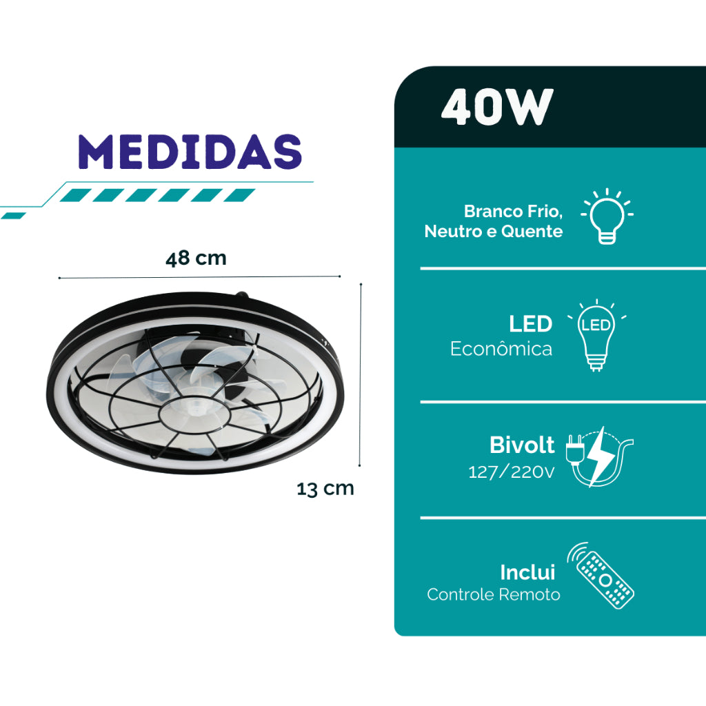 Plafon Ventilador de Teto LED 3 Cores Com Controle Remoto Estilo Industrial Preto Silencioso Bivolt
