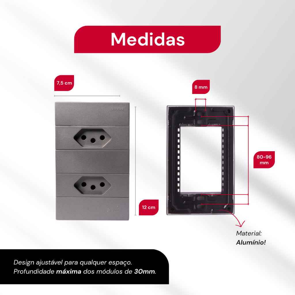 Tomada Modular 10A 110V Duas Tomadas Melody XLX Cinza Preto Galvanizado Placa 4x2 Alumínio