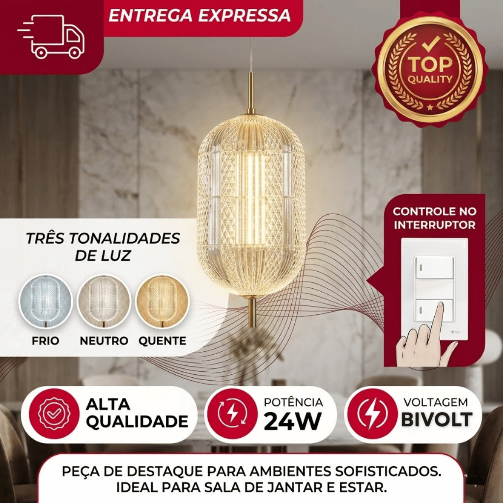 Pendente Led Oval De Vidro Cristal 24w Tricolor Bivolt 220v Design Moderno Luxuoso Mesa Jantar