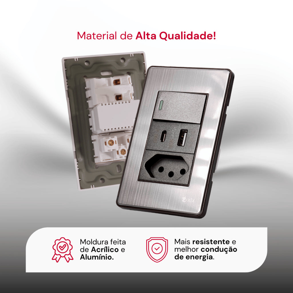 Interruptor de Parede 4X2 Luxo Unipolar Bipolar Carregador USB-C/A e Tomada 10A 110V Fusion Pro