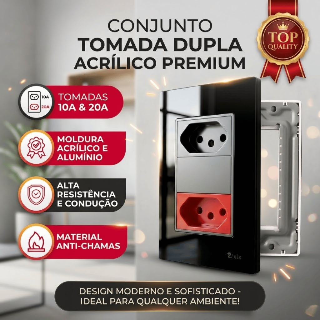 Tomada Modular Dupla de Parede 10A 110V 20A 220V Placa Preta de Acrílico Espelhado Innova XLX