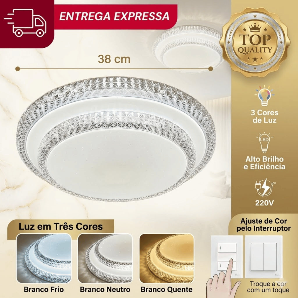 Luminária Plafon de Teto LED Tricolor 24W 38cm Design Moderno Cristal Facetado para Área Social