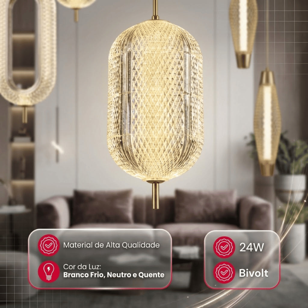 Pendente Led Oval De Vidro Cristal 24w Tricolor Bivolt 220v Design Moderno Luxuoso Mesa Jantar