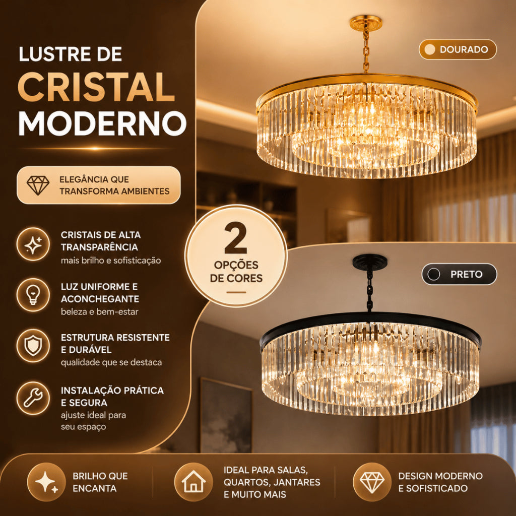 Lustre Cristal K9 Redondo Moderno Pendente Luxo Sala de Jantar E14 Bivolt Corrente Ajustável Preto