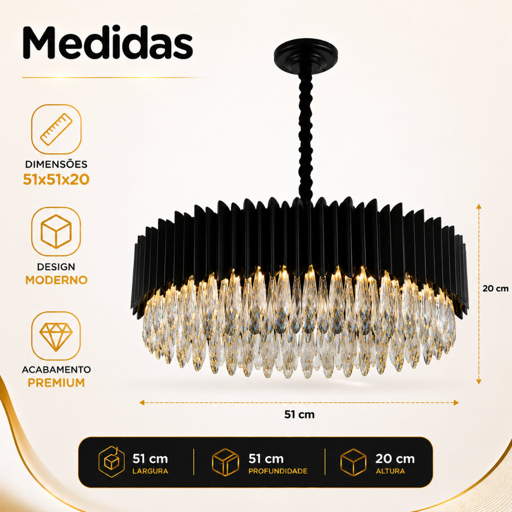 Lustre Cristal K9 Gotas Preto Fosco Pendente Moderno E14 Sala de Estar Bivolt
