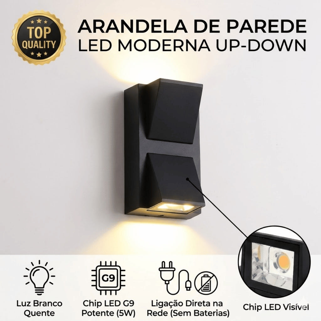 Arandela de Parede Preta LED 5W IP66 A Prova d'Água 2 Fachos de Luz Decoração Externa Branco Quente