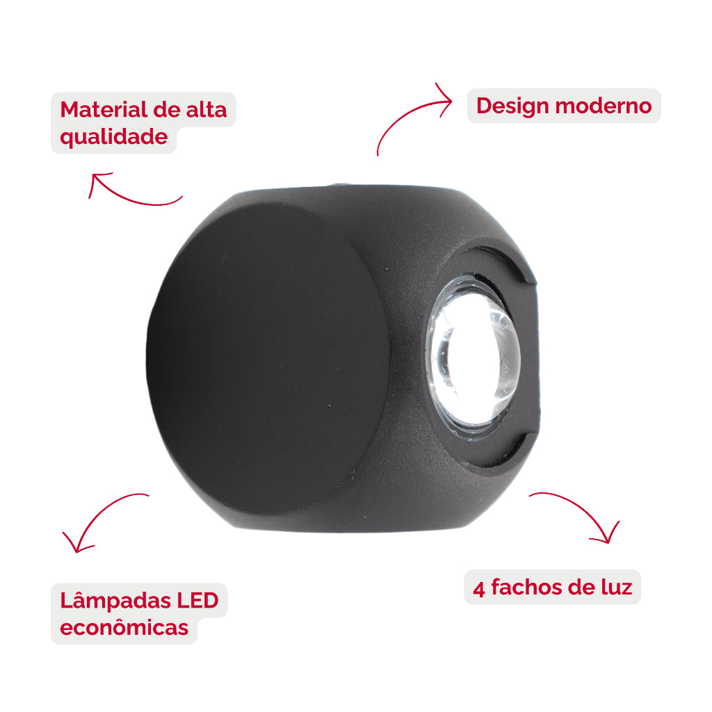 Arandela de Parede Preta LED 5W IP66 A Prova d'Água 4 Fachos de Luz Decoração Externa Branco Quente