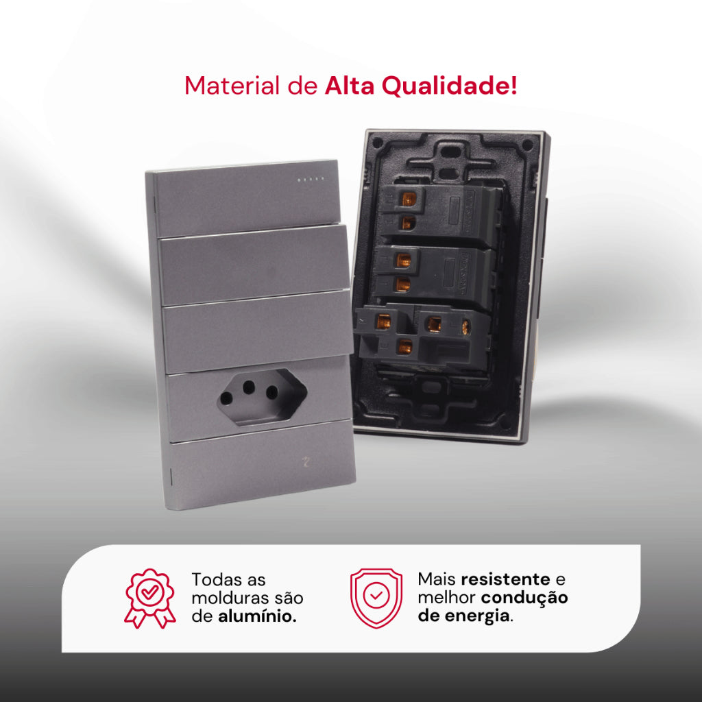 Tomada Modular 10A 110V Interruptor Unipolar Bipolar Cinza Preto Galvanizado Placa 4x2 Alumínio