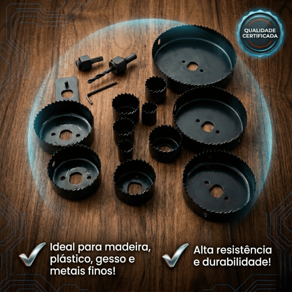 Kit Jogo 16 Peças Serra Copo Circular Profissional Furadeira Madeira Gesso Plastico Com Maleta