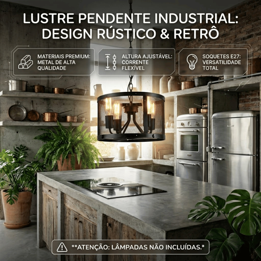Lustre Pendente Aramado Industrial Preto 4 Soquetes E27 Altura Ajustável para Sala e Cozinha