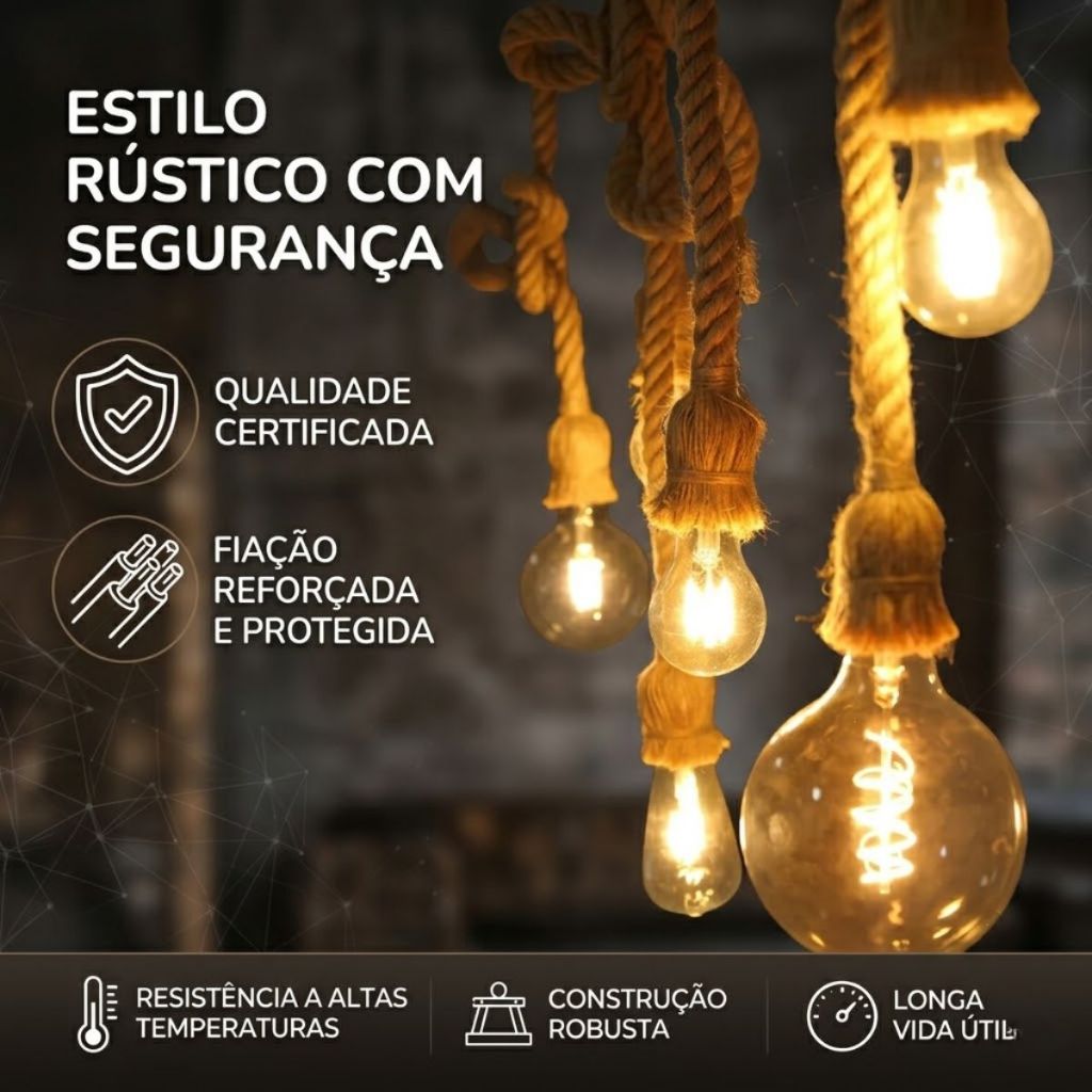 Pendente Corda Marrom 1m Lustre Retrô E27 Bivolt Teto Decoração
