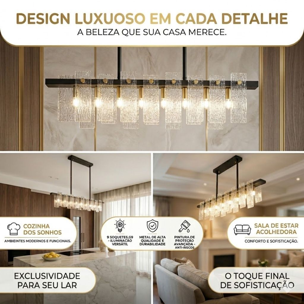 Lustre Pendente Bivolt Linear Moderno Vidro Texturizado Premium G9 Sala Jantar Luxuoso Chique