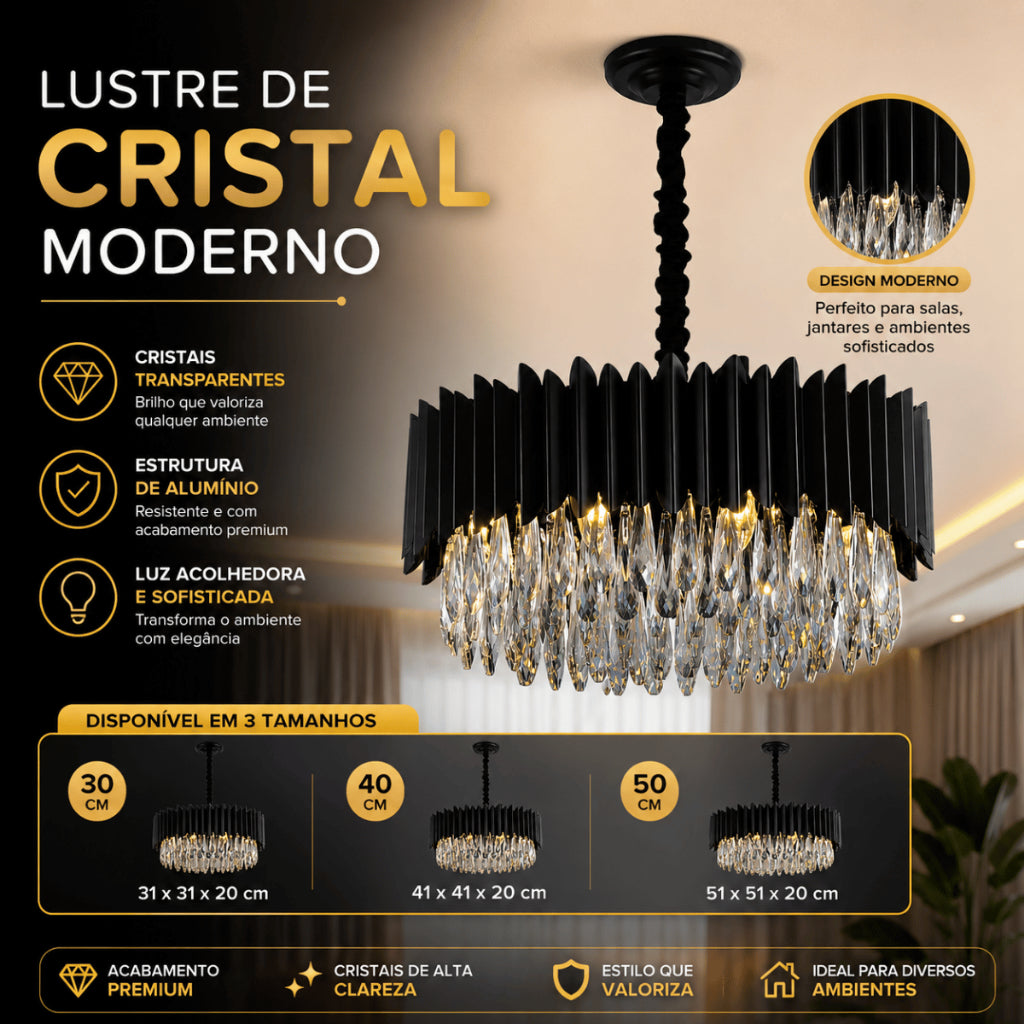 Lustre Cristal K9 Gotas Preto Fosco Pendente Moderno E14 Sala de Estar Bivolt