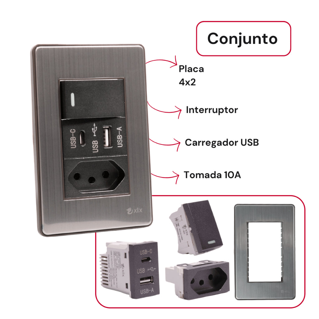 Interruptor de Parede 4X2 Luxo Unipolar Bipolar Carregador USB-C/A e Tomada 10A 110V Fusion Pro