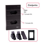 Tomada Modular 10A 110V Duas Tomadas Melody XLX Cinza Preto Galvanizado Placa 4x2 Alumínio
