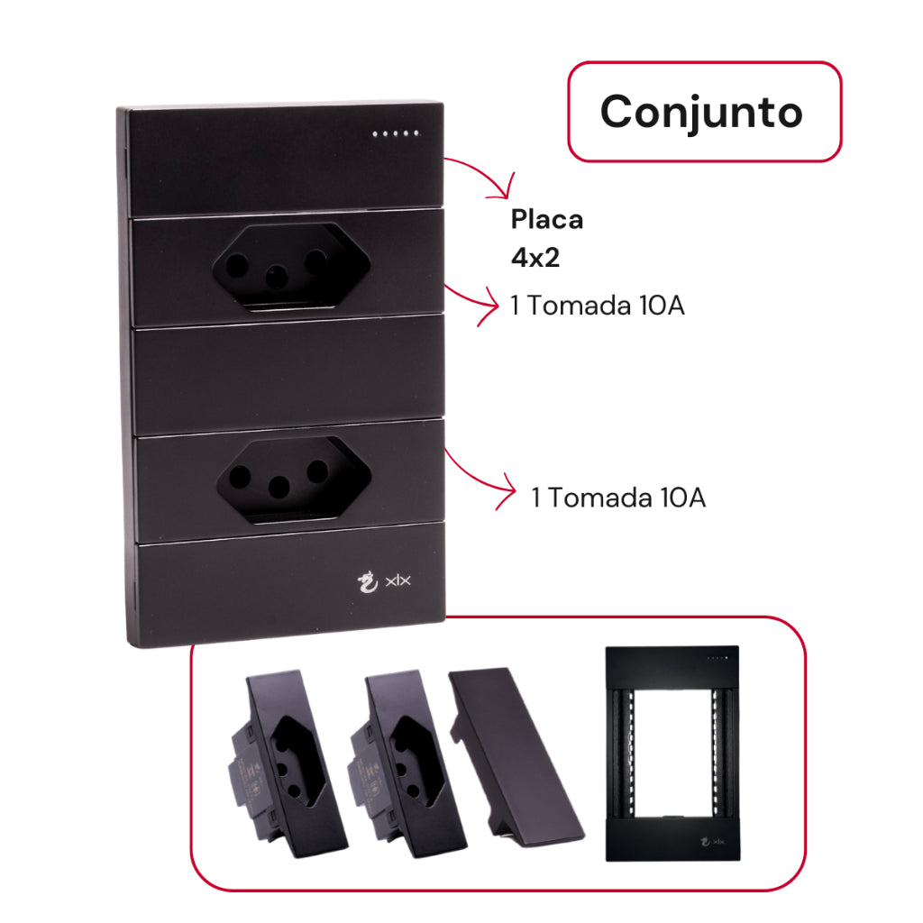 Tomada Modular 10A 110V Duas Tomadas Melody XLX Cinza Preto Galvanizado Placa 4x2 Alumínio