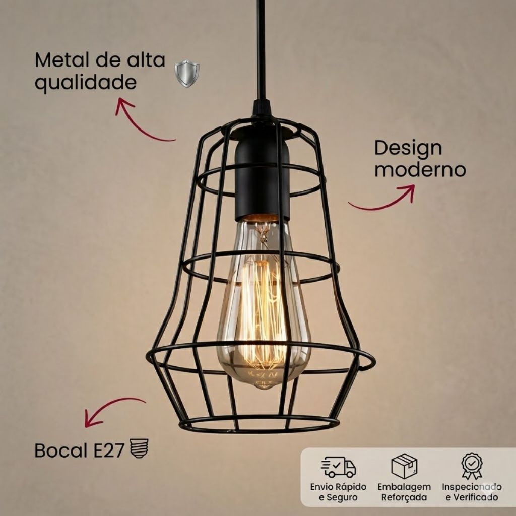 Pendente de Teto Aramado XLX Alumínio Preto Luminária Industrial Vintage Retrô Importado E27