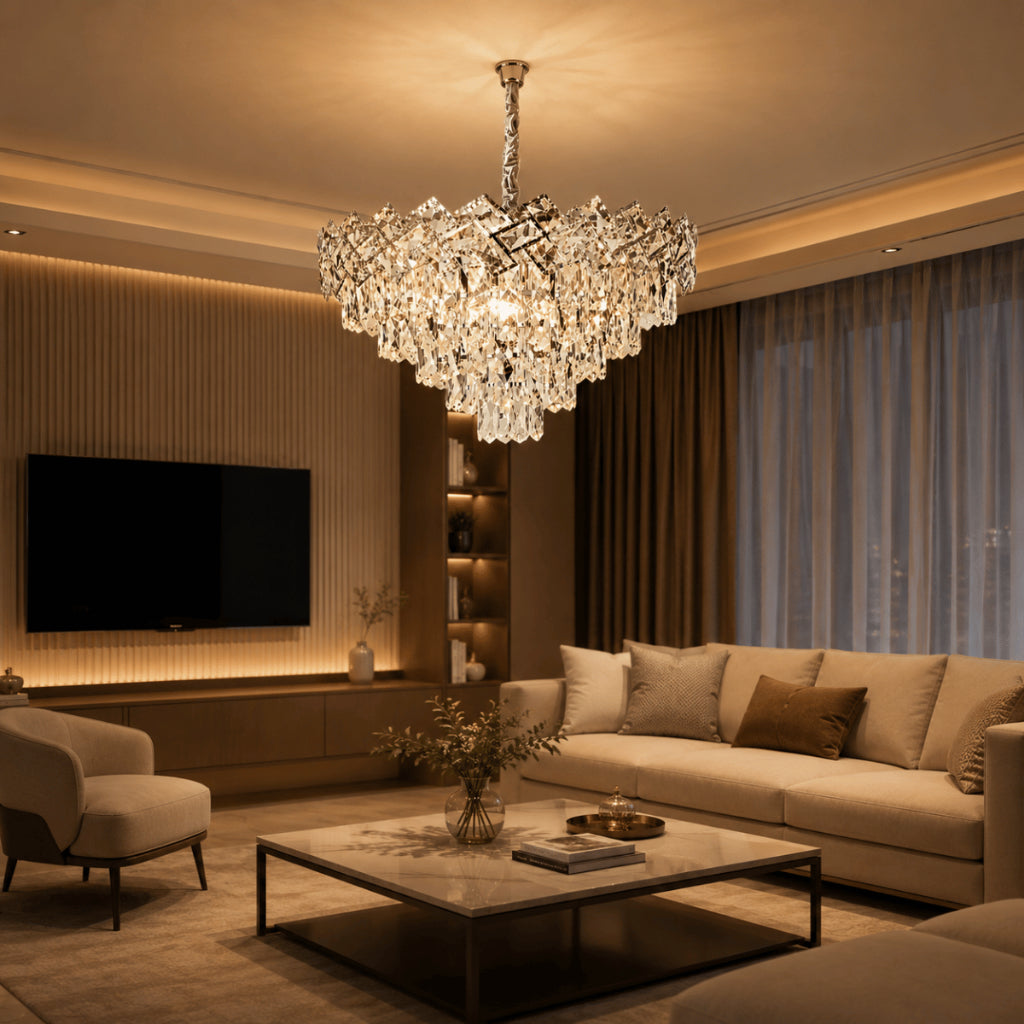 Lustre Cristal K9 Premium Redondo Pendente Sala de Jantar Luxo Prata E14 Bivolt Corrente Ajustável