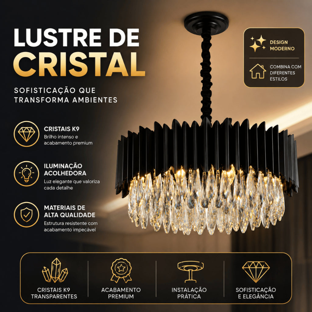 Lustre Cristal K9 Gotas Preto Fosco Pendente Moderno E14 Sala de Estar Bivolt