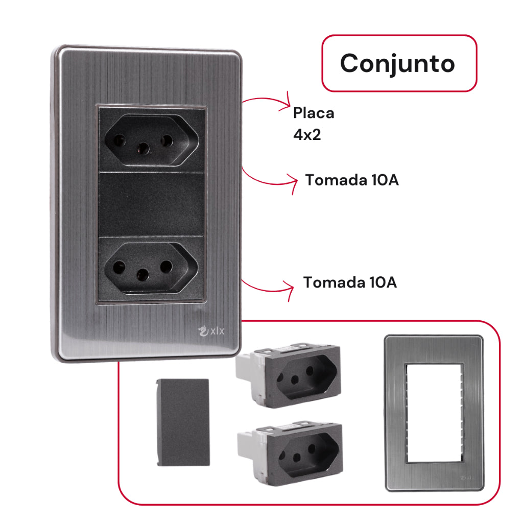 Placa 4x2 Metal Escovado Chumbo Fusion Pro XLX - Com 2 Tomadas 10A 110V 2P+T Padrão Brasileiro