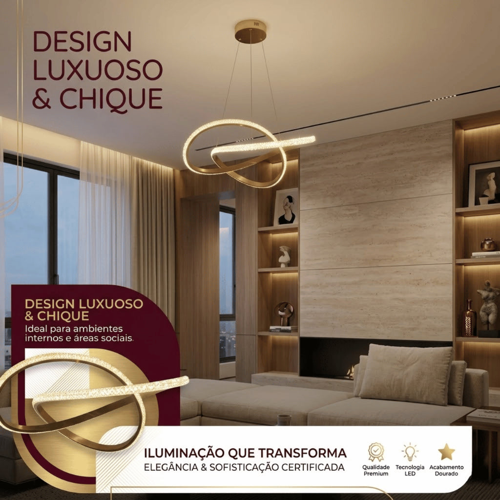 Lustre Pendente Dourado Led Moderno 60w Ondas Luz 3 Em 1 Sala Jantar Mesa Quarto Bivolt