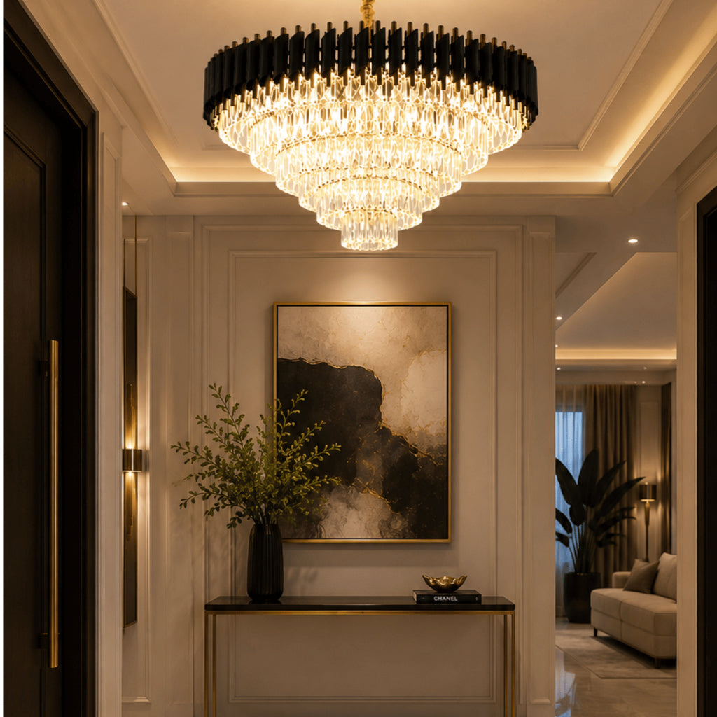 Lustre Pendente de Cristal Moderno Luxo E14 Bivolt Preto Branco Dourado Sala de Jantar