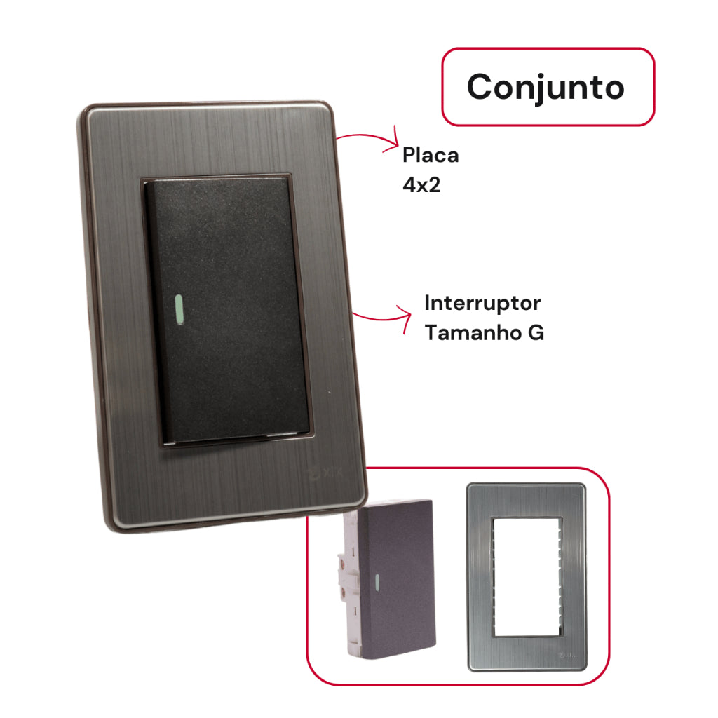 Interruptor Modular Fusion Pro Moderno xlx Alumínio Escovado Tecla G Unipolar Bipolar 4x2 Anti Chama