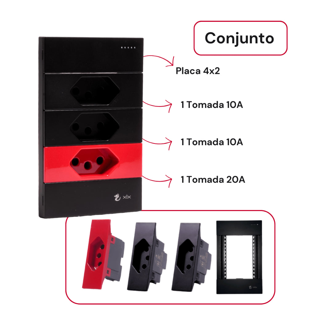 Tomada Modular 10A 110V 20A 220V Cinza Preto Galvanizado Moderno Luxuoso Placa 4x2 Alumínio