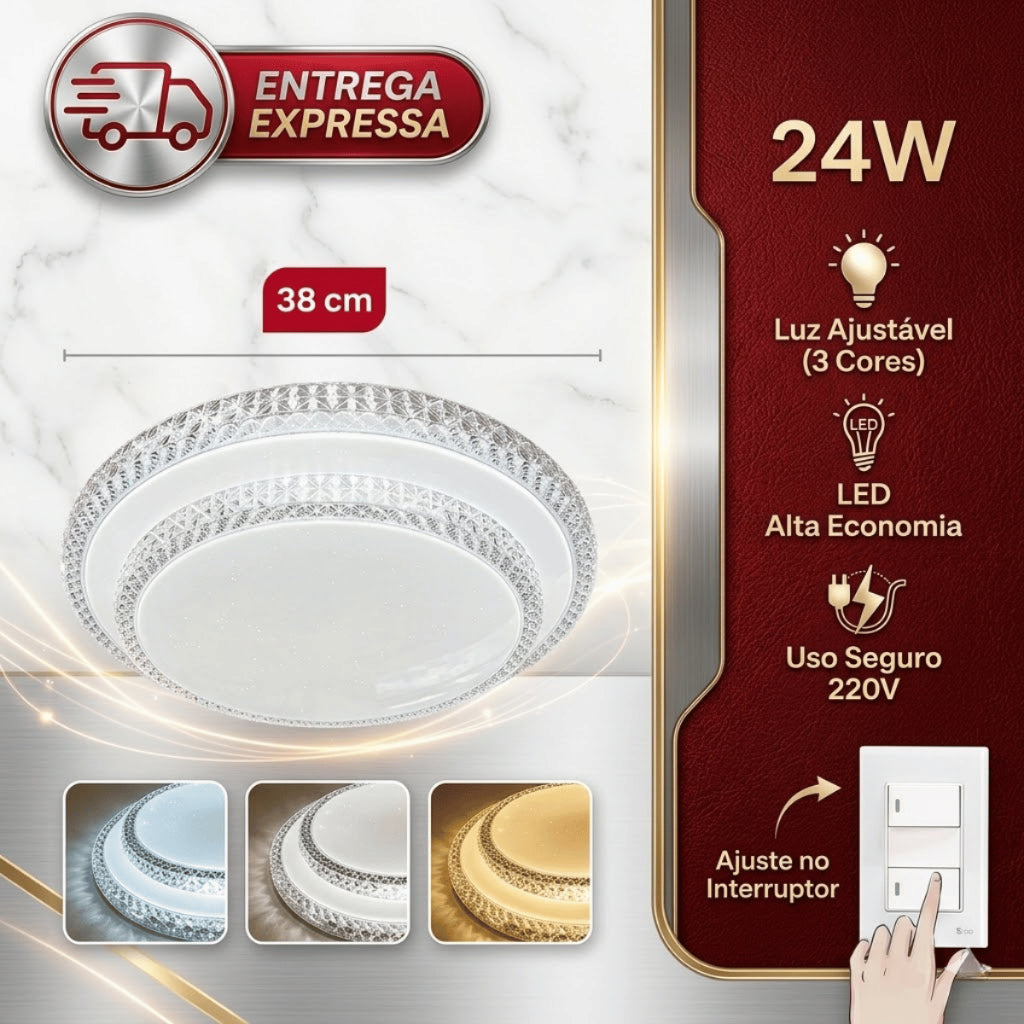 Luminária Plafon de Teto LED Tricolor 24W 38cm Design Moderno Cristal Facetado para Área Social
