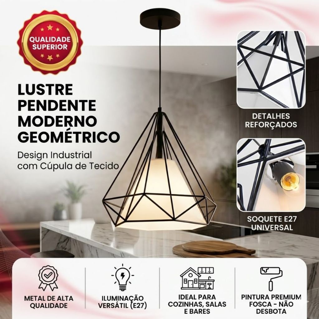 Pendente Teto Aramado Diamante Geométrico E27 Preto Estilo Industrial