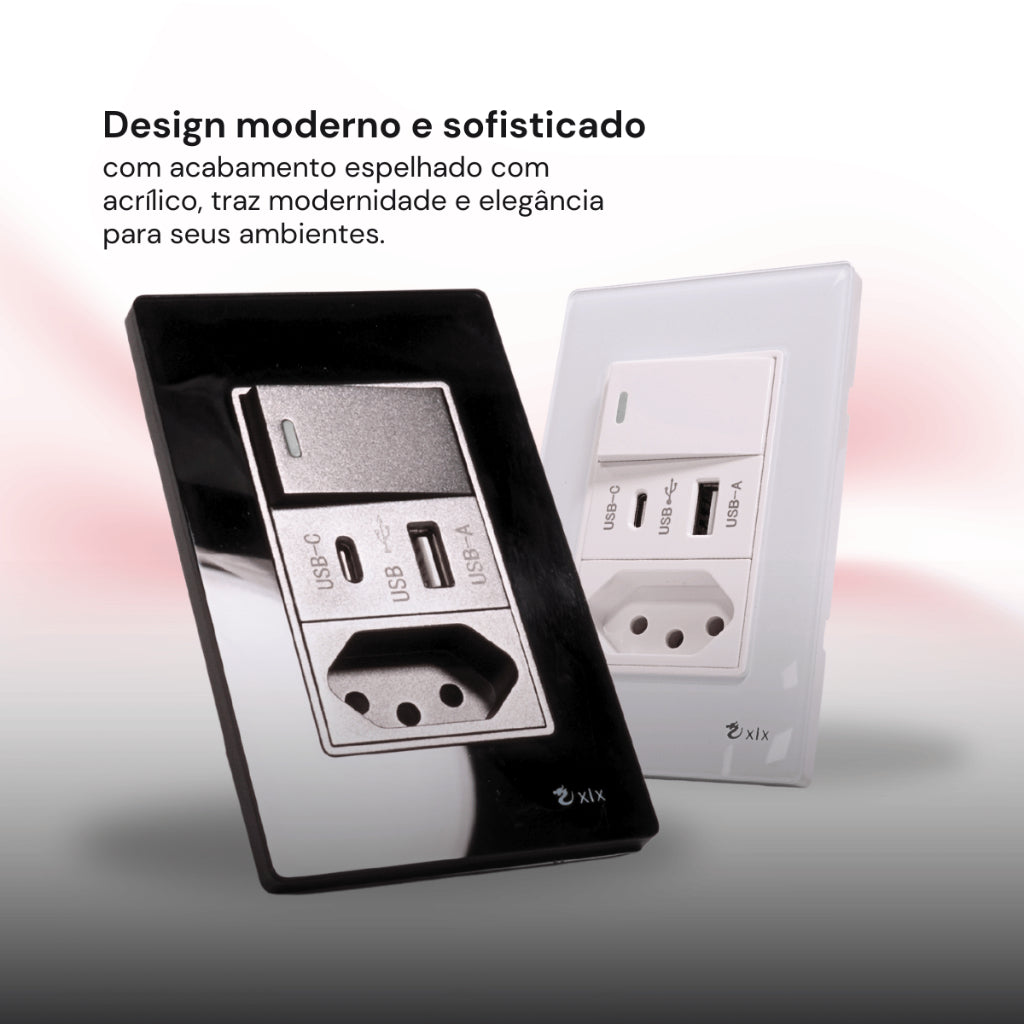 Tomada Modular Acrílico Branca Preto USB Placa ACRÍLICO Tomada 10A Interruptor 4X2 Bipolar Unipolar