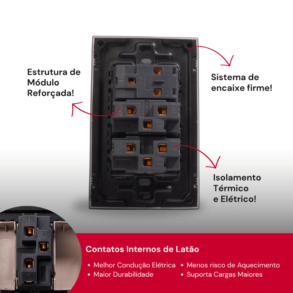 Tomada Modular 10A 110V Interruptor Unipolar Bipolar Cinza Preto Galvanizado Placa 4x2 Alumínio