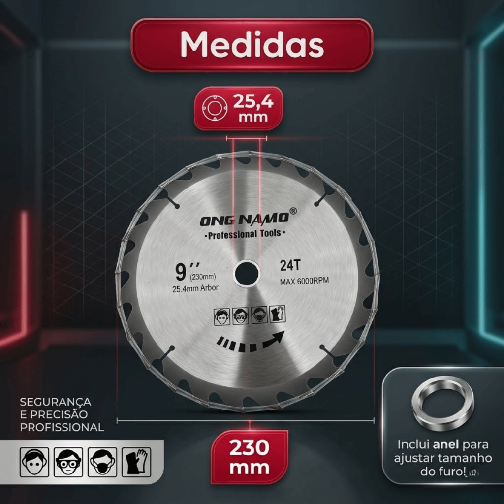 Disco de Serra Circular para Madeira 9 Polegadas 230mm 24 Dentes Profissional Corte Anel Redutor