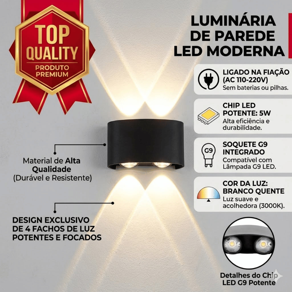 Arandela de Parede Preta LED 5W IP66 A Prova d'Água 4 Fachos de Luz Decoração Externa Branco Quente