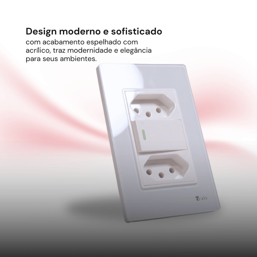 Tomada Modular Interruptor de Parede 110V 10A Placa Branca Acrílico Espelhado Alumínio Innova XLX