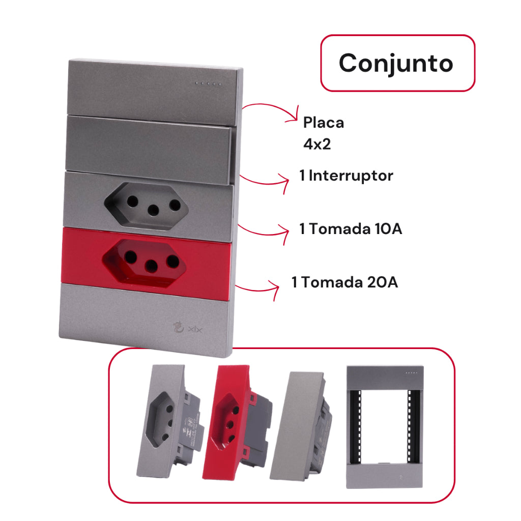 Tomada Modular 10A 110V 20A 220V Interruptor Unipolar Bipolar Cinza Preto Galvanizado Placa 4x2