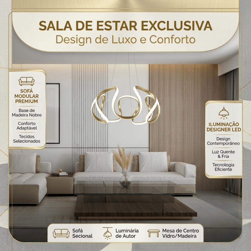 Lustre Pendente Dourado Led Moderno Curvas 60w Ondas Luz 3 Em 1 Sala Jantar Mesa Quarto Bivolt