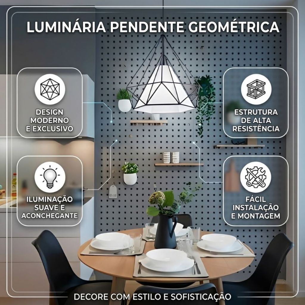 Pendente Teto Aramado Diamante Geométrico E27 Preto Estilo Industrial