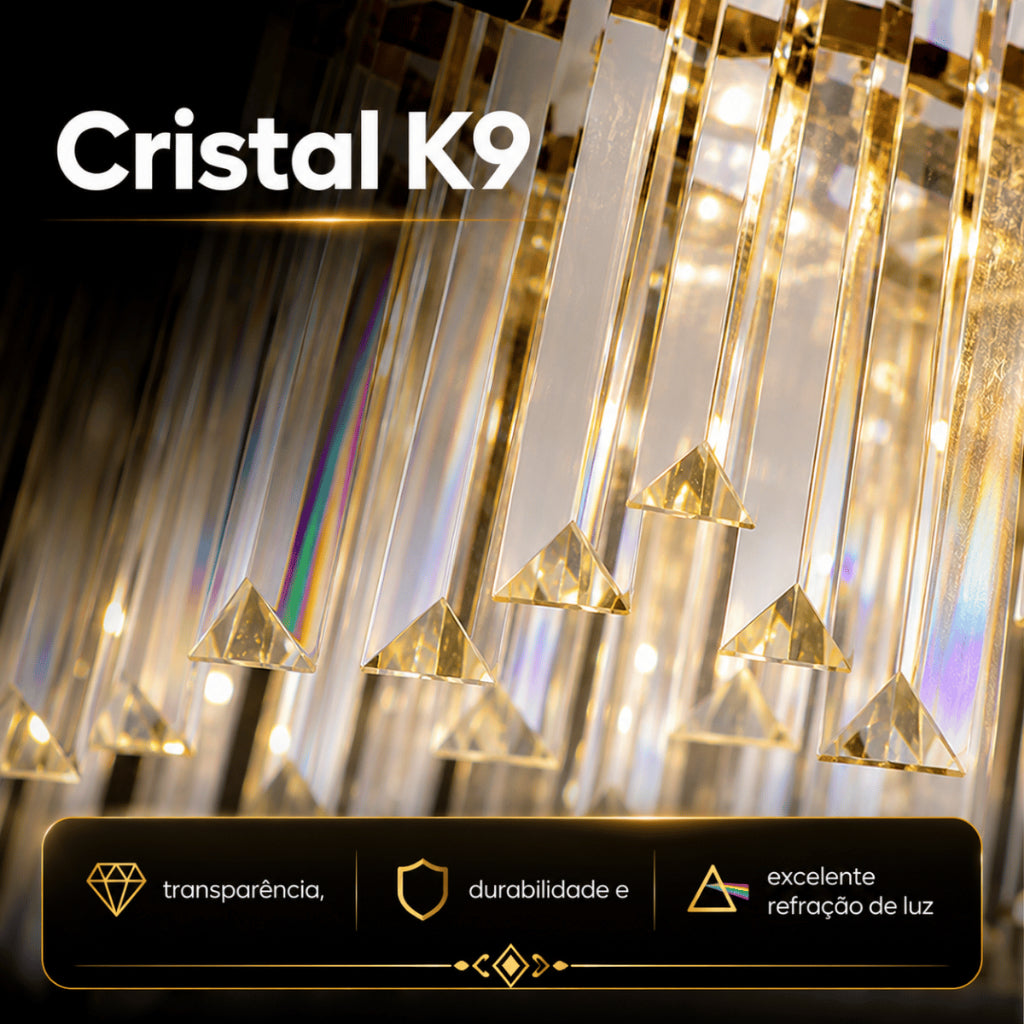 Lustre Cristal K9 Dourado Cilíndrico Moderno Pendente Luxo Sala de Jantar E14 Corrente Ajustável