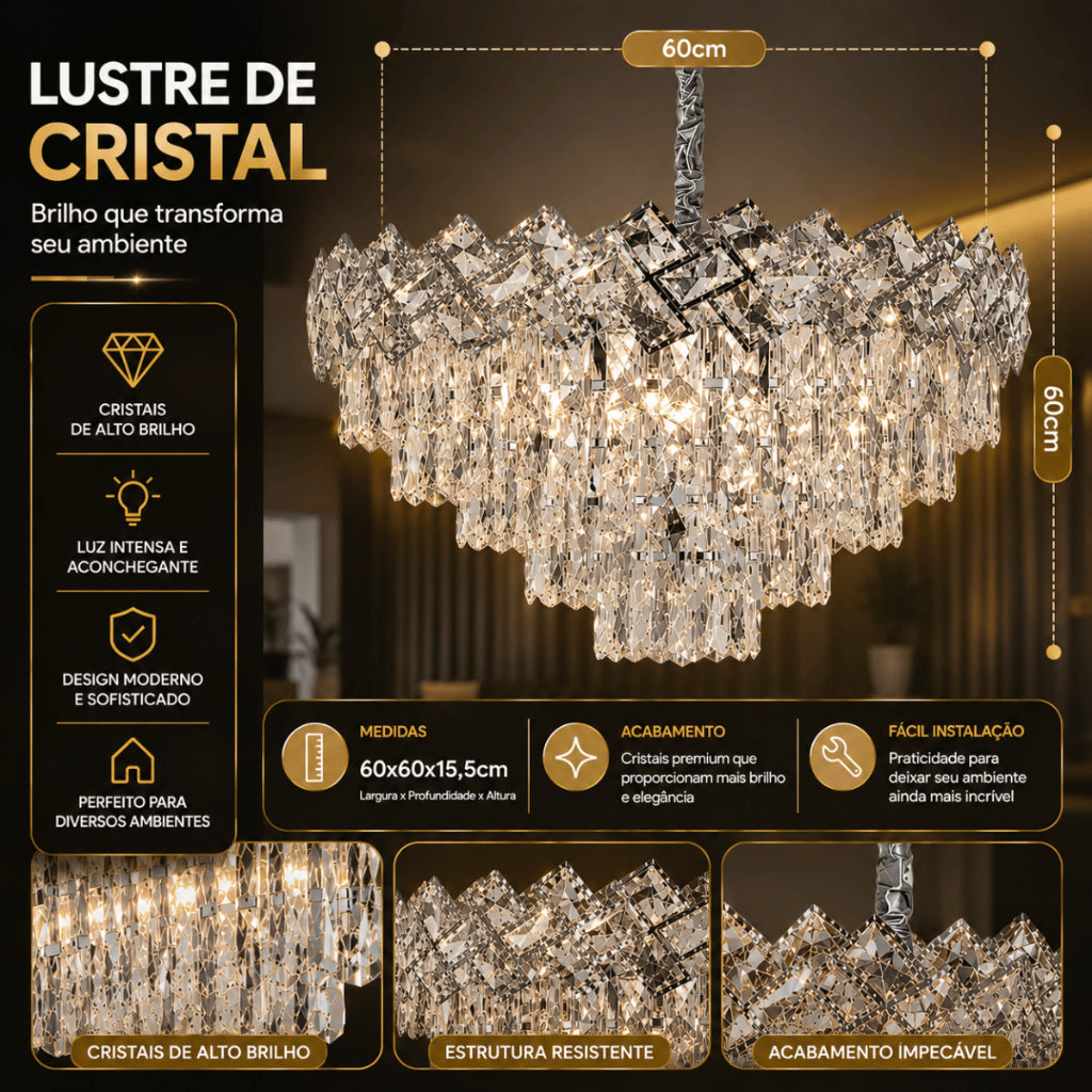 Lustre Cristal K9 Premium Redondo Pendente Sala de Jantar Luxo Prata E14 Bivolt Corrente Ajustável