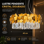 Lustre Moderno Cristal K9 Dourado Premium Pendente Luxo E14 Bivolt Sala de Estar e Jantar
