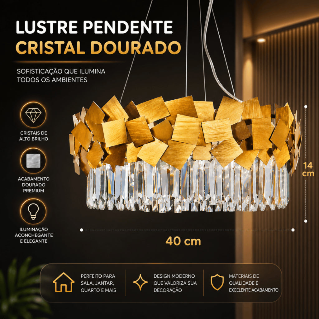 Lustre Moderno Cristal K9 Dourado Premium Pendente Luxo E14 Bivolt Sala de Estar e Jantar