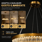 Lustre Pendente Cristal K9 Dourado Redondo Luxo Sala de Jantar E14 Bivolt Cabos Ajustáveis 39cm