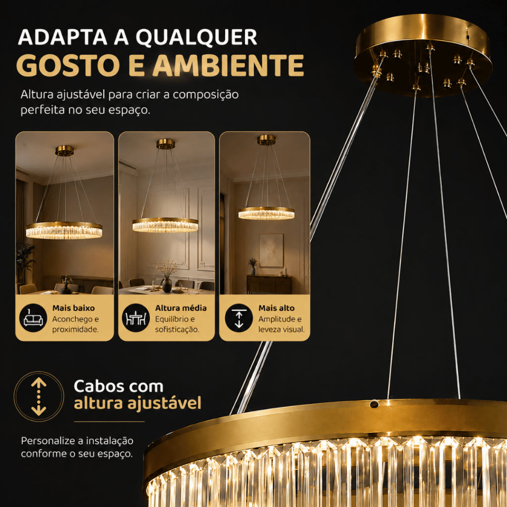 Lustre Pendente Cristal K9 Dourado Redondo Luxo Sala de Jantar E14 Bivolt Cabos Ajustáveis 39cm