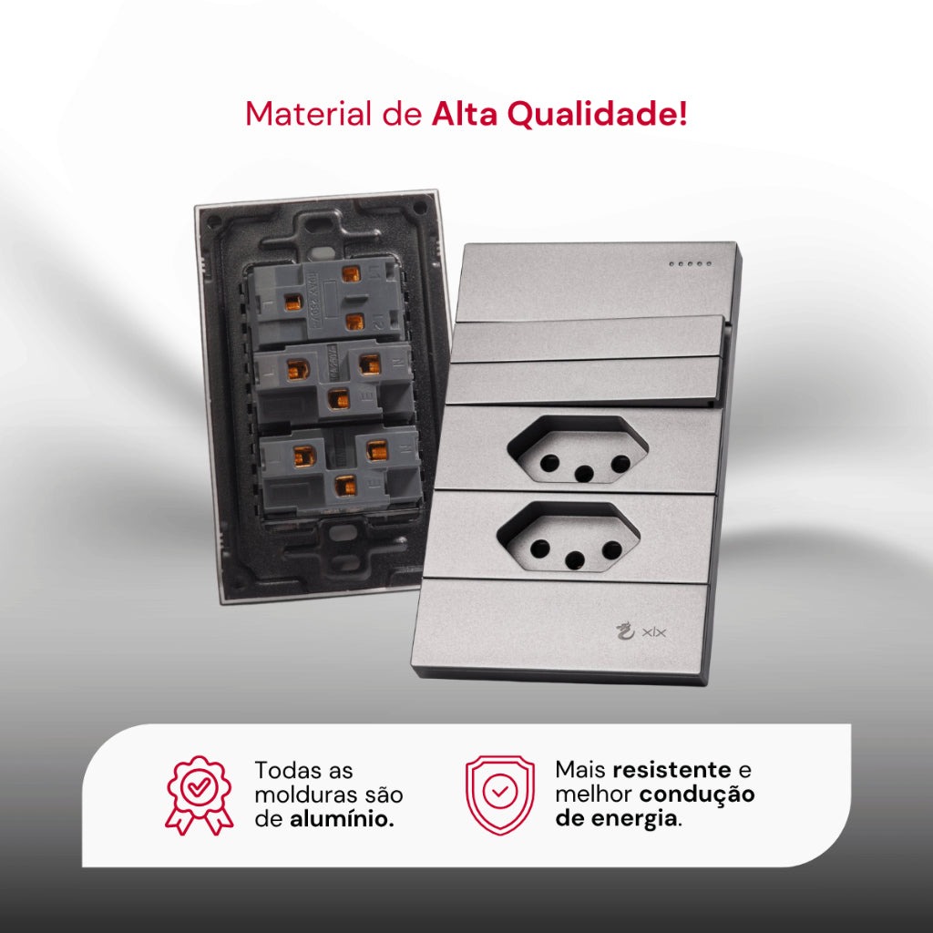 Tomada Modular 10A 110V Interruptor Unipolar Bipolar Cinza Preto Galvanizado Placa 4x2 Alumínio