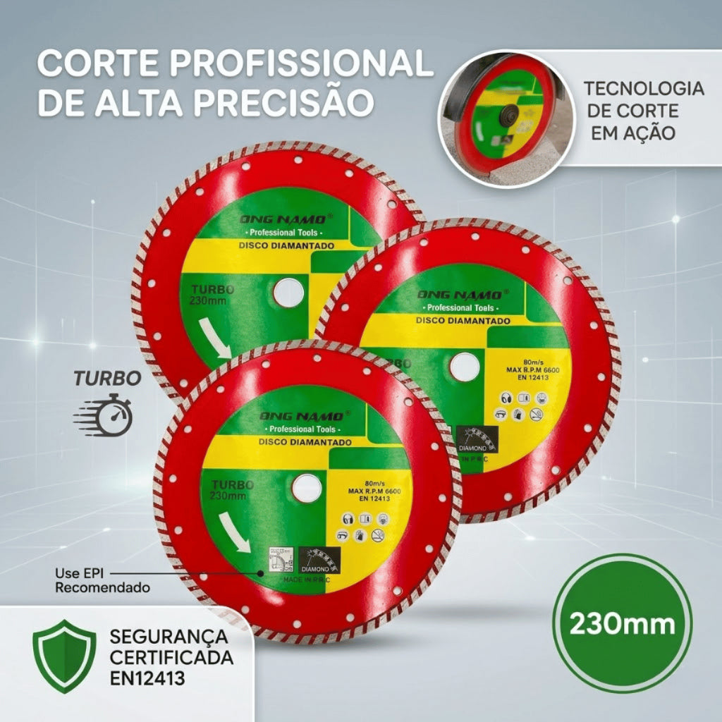 Disco Diamantado Turbo 230mm Corte Seco e Úmido Roçadeira Profissional Porcelanato Mármore Concreto